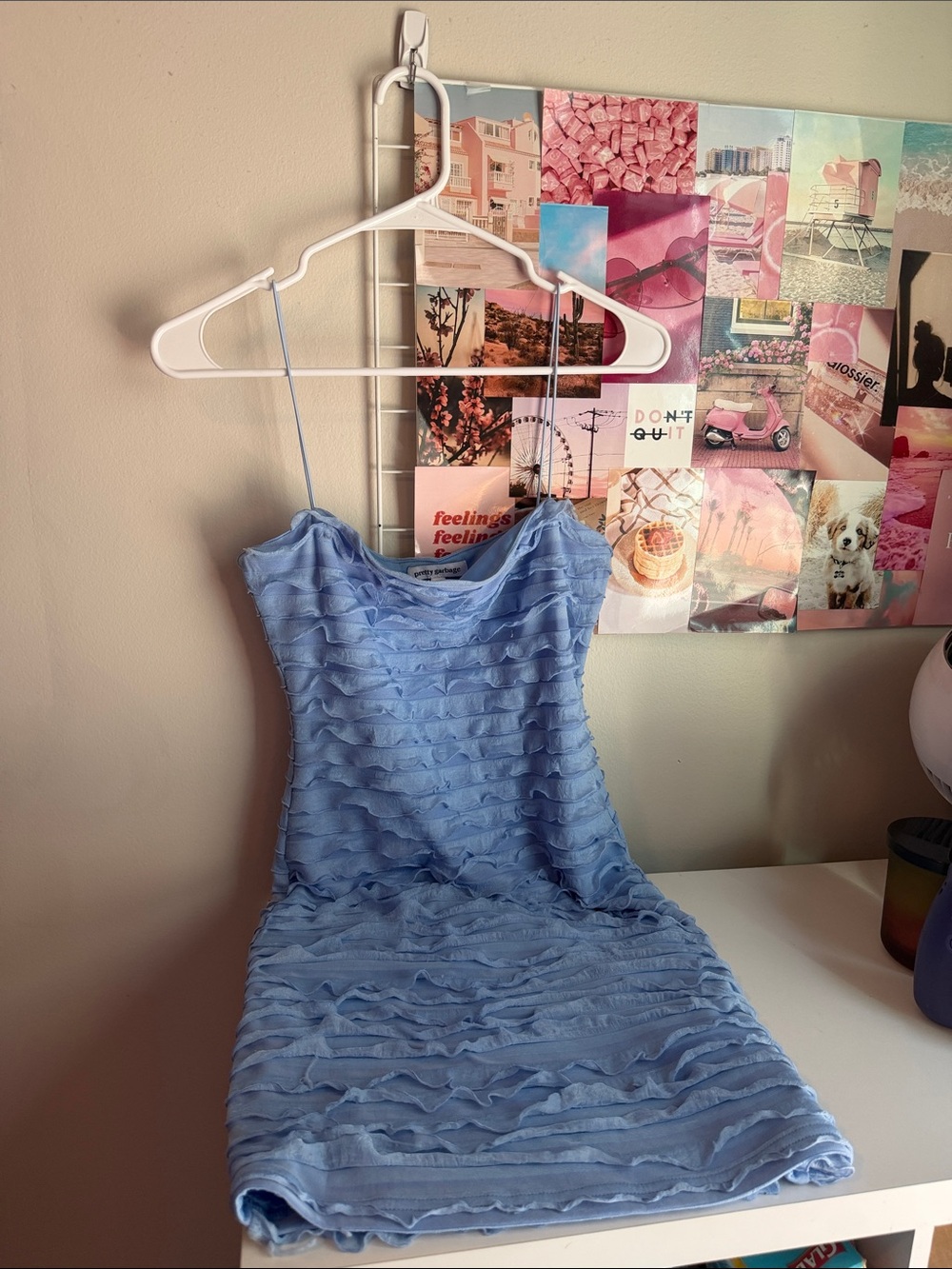 Blue Ruffle Mini Dress - Slim Spaghetti Strap